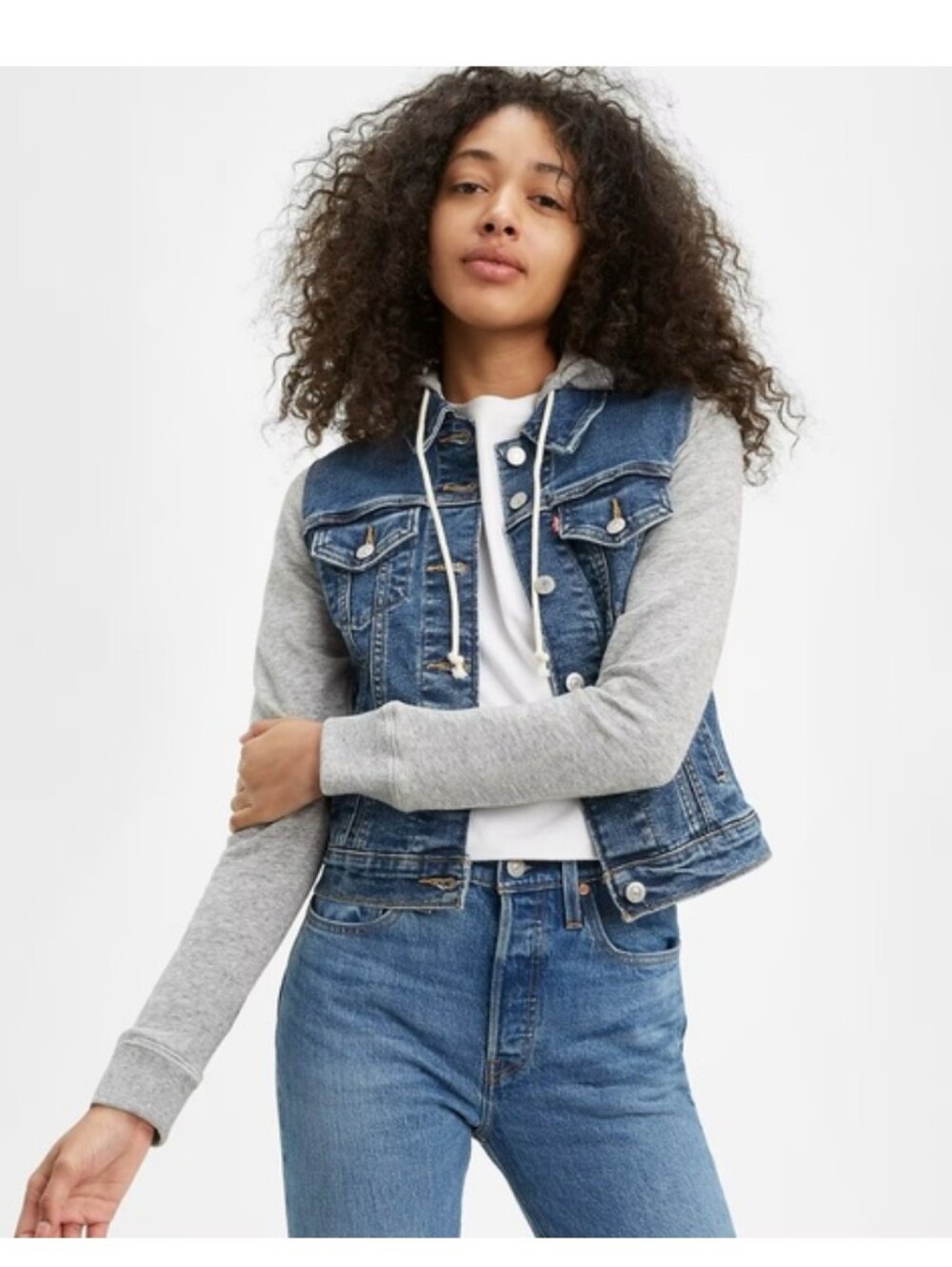 Levi Strauss Women's Denim Grey Hooded Hybrid Trucker Jacket Large